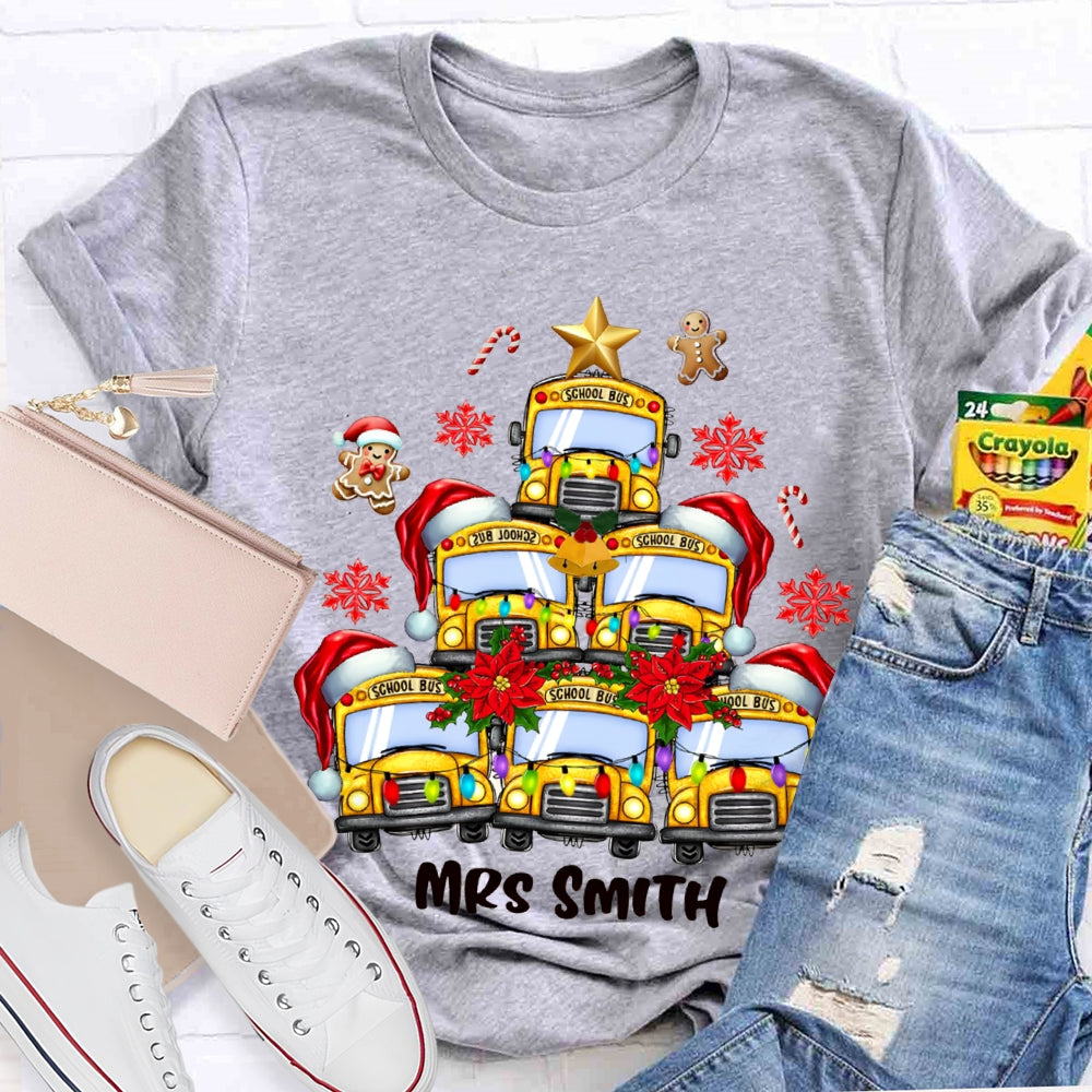 Personalized Name School Bus Snowflakes And Christmas T-shirt