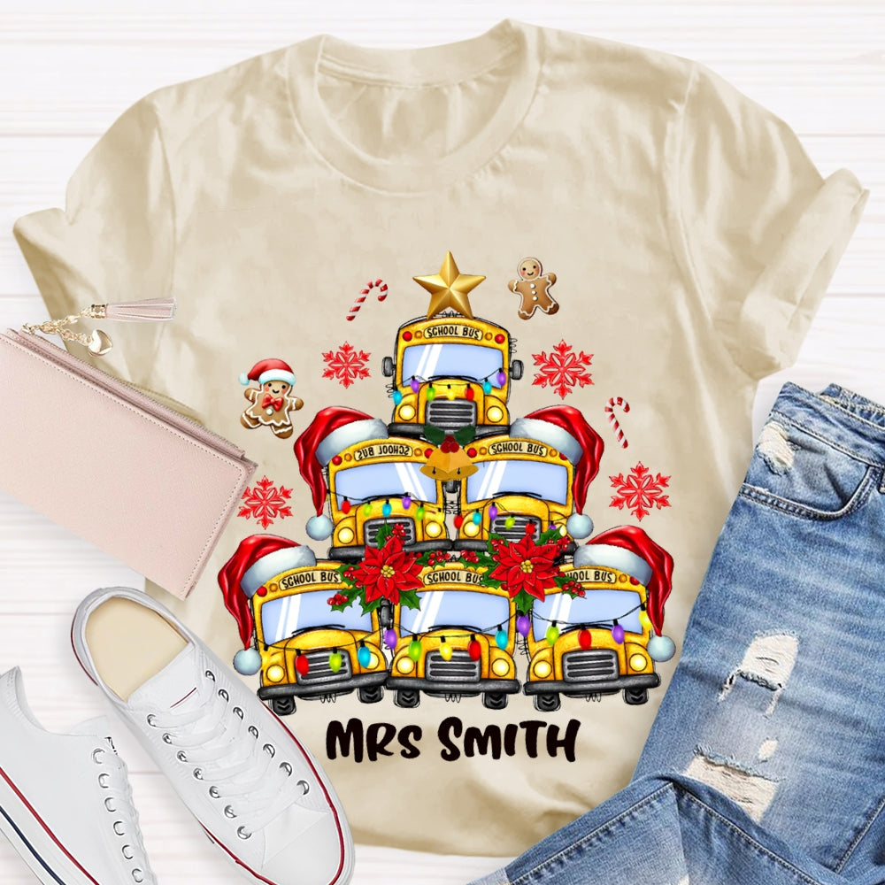 Personalized Name School Bus Snowflakes And Christmas T-shirt