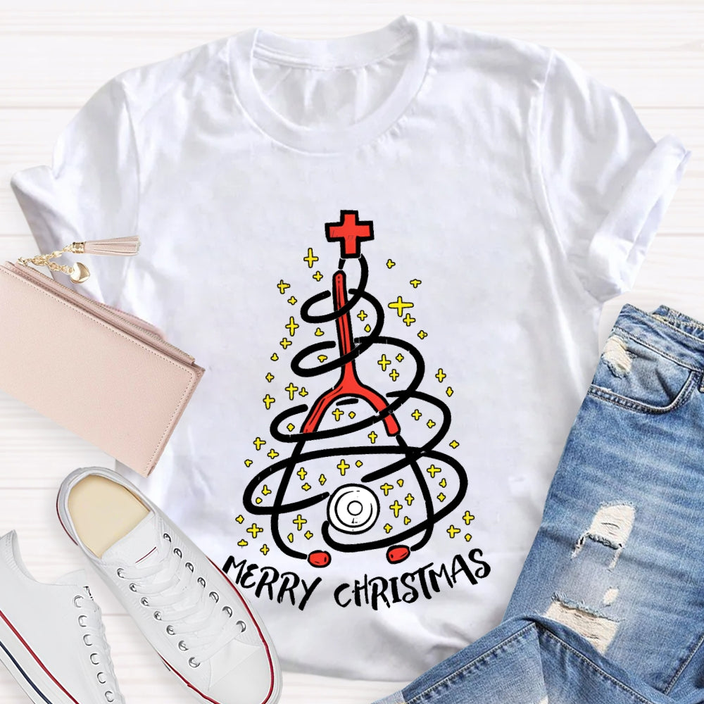 Merry Christmas School Nurse Stethoscope Christmas Tree T-shirt