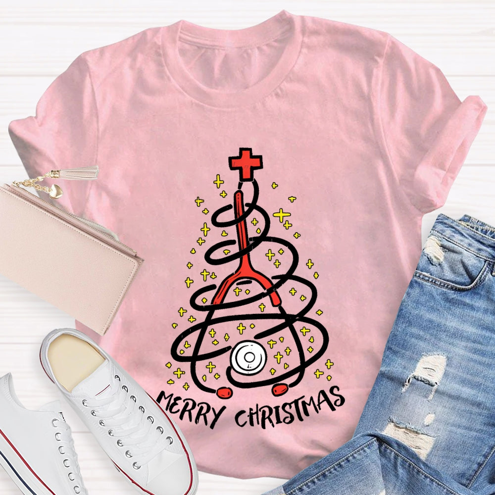 Merry Christmas School Nurse Stethoscope Christmas Tree T-shirt