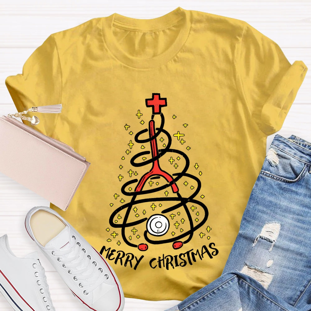 Merry Christmas School Nurse Stethoscope Christmas Tree T-shirt