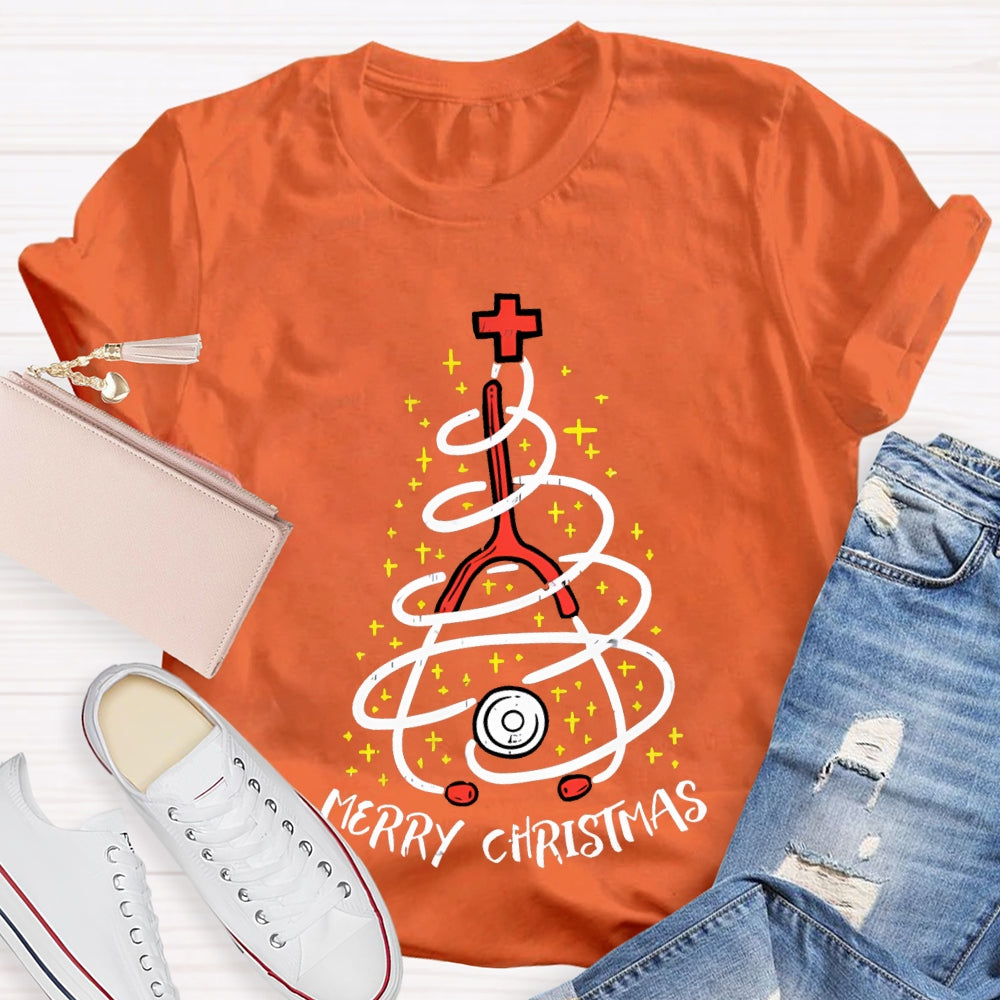 Merry Christmas School Nurse Stethoscope Christmas Tree T-shirt