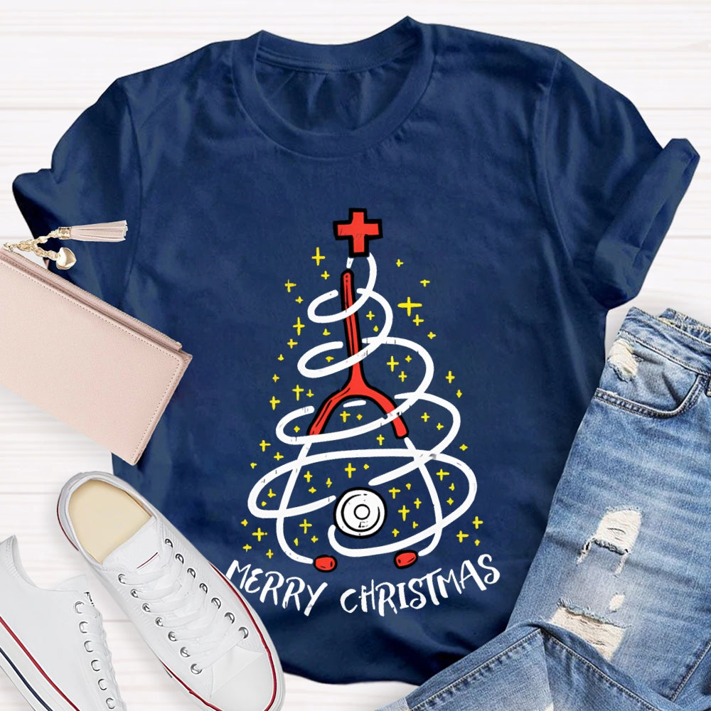 Merry Christmas School Nurse Stethoscope Christmas Tree T-shirt