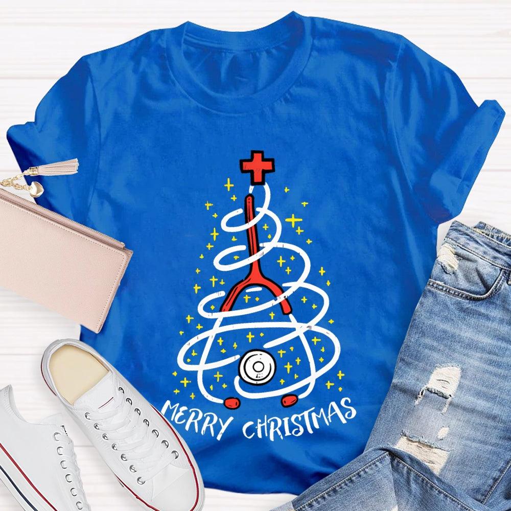 Merry Christmas School Nurse Stethoscope Christmas Tree T-shirt