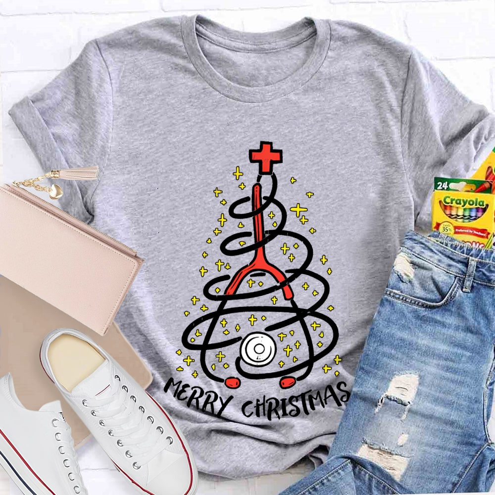 Merry Christmas School Nurse Stethoscope Christmas Tree T-shirt