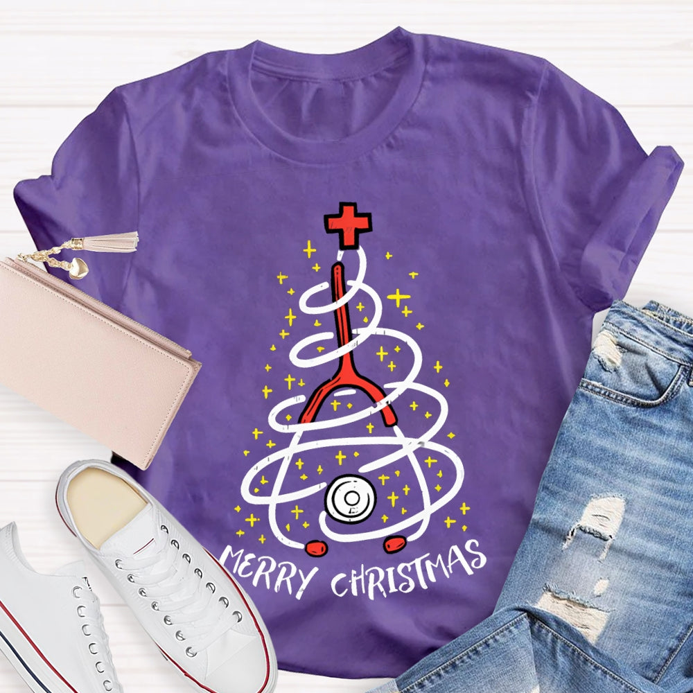 Merry Christmas School Nurse Stethoscope Christmas Tree T-shirt
