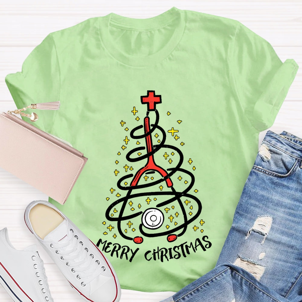 Merry Christmas School Nurse Stethoscope Christmas Tree T-shirt