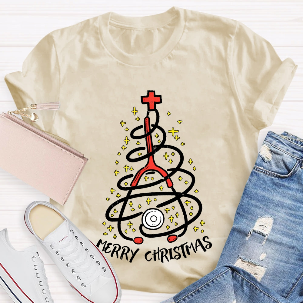Merry Christmas School Nurse Stethoscope Christmas Tree T-shirt