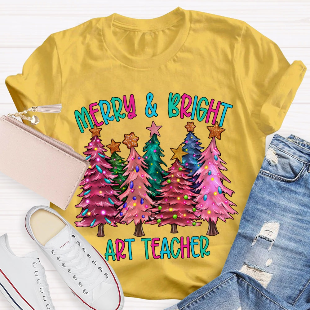 Merry And Bright Art Teacher Colorful Christmas Tree T-shirt