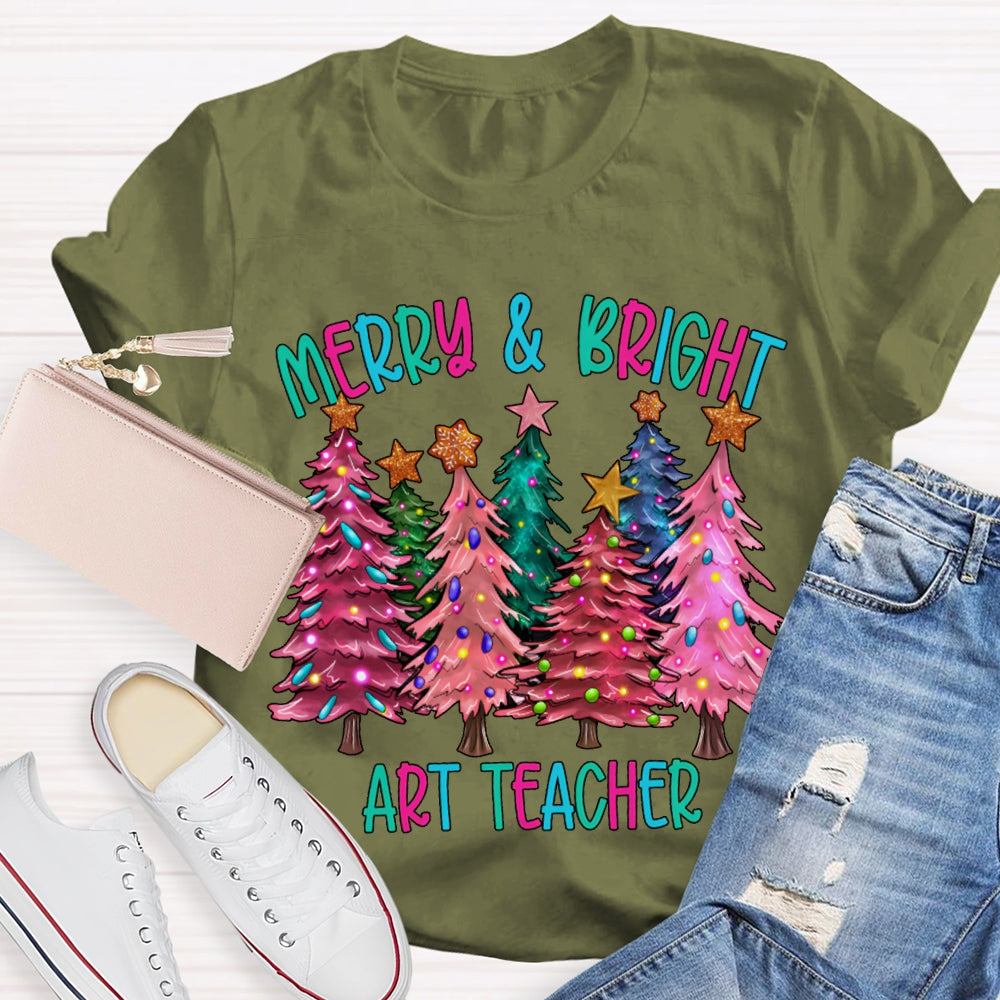 Merry And Bright Art Teacher Colorful Christmas Tree T-shirt