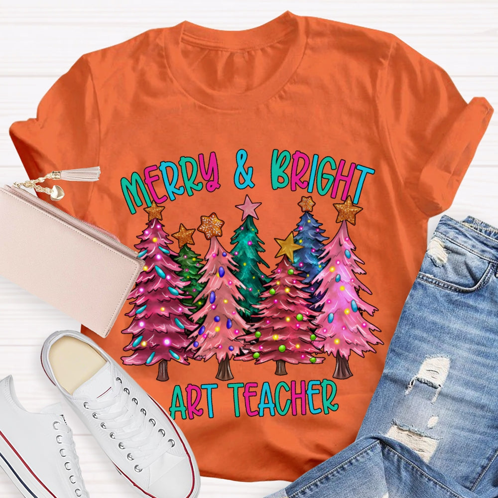 Merry And Bright Art Teacher Colorful Christmas Tree T-shirt