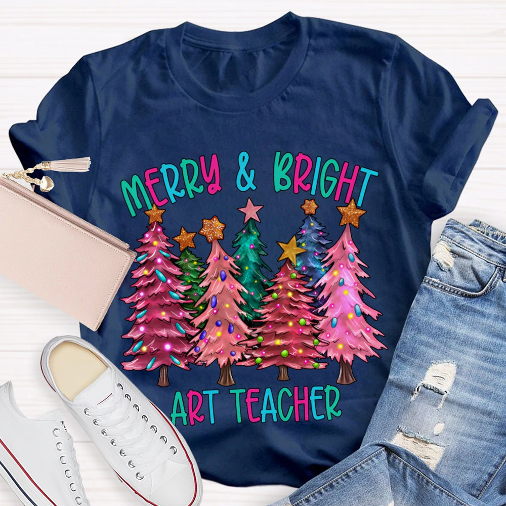 Merry And Bright Art Teacher Colorful Christmas Tree T-shirt