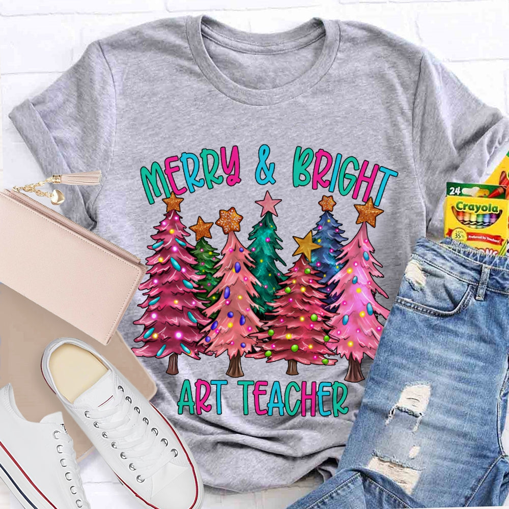 Merry And Bright Art Teacher Colorful Christmas Tree T-shirt