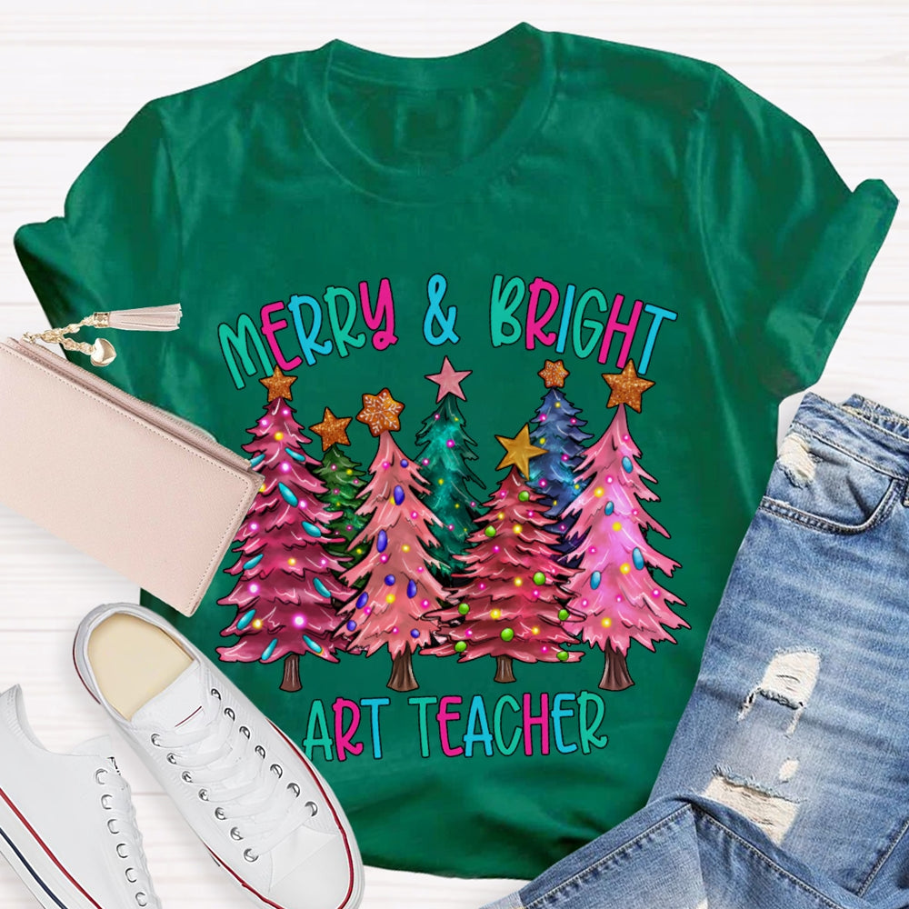 Merry And Bright Art Teacher Colorful Christmas Tree T-shirt