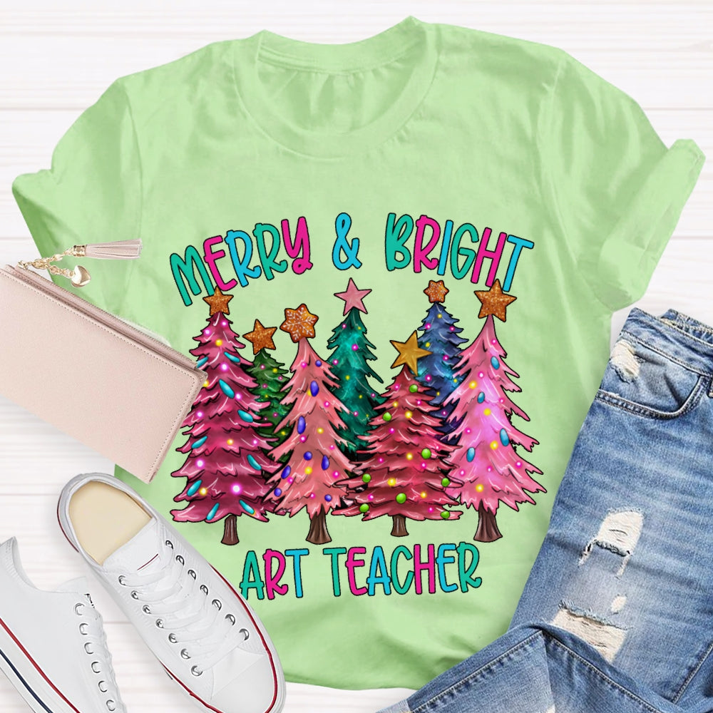 Merry And Bright Art Teacher Colorful Christmas Tree T-shirt