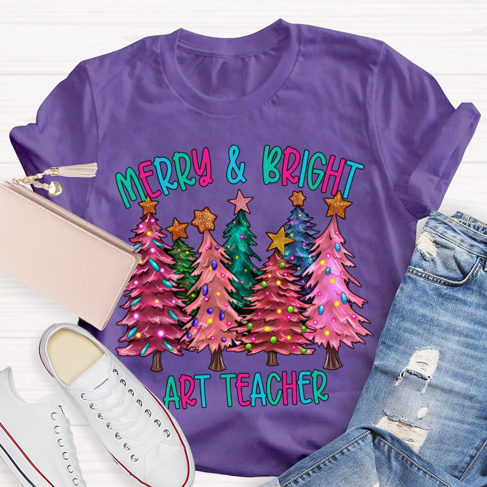 Merry And Bright Art Teacher Colorful Christmas Tree T-shirt