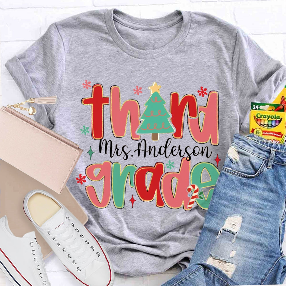 Personalized Name And Grade Teacher Christmas Tree T-shirt