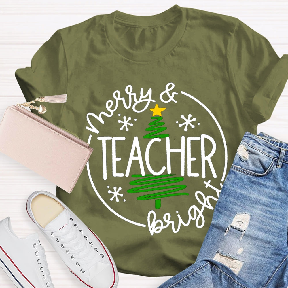 Merry And Teacher Bright Christmas Tree T-shirt