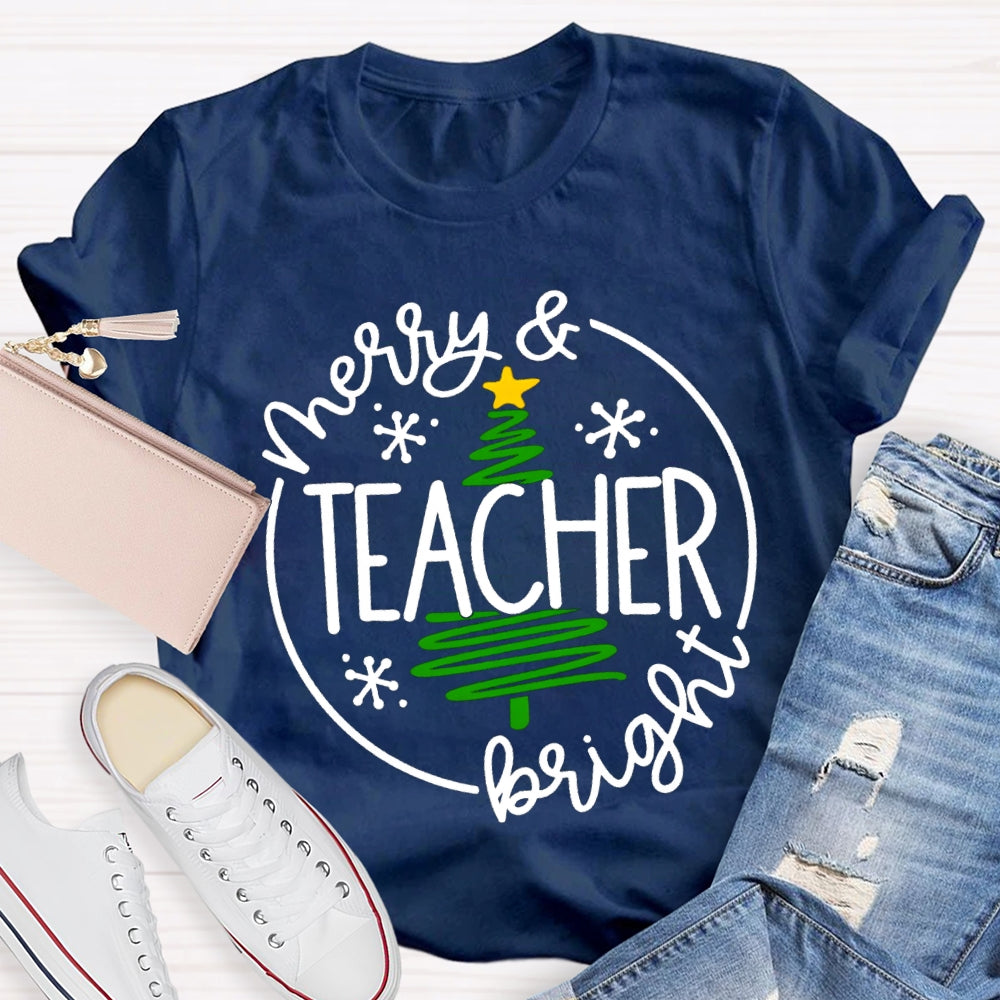 Merry And Teacher Bright Christmas Tree T-shirt