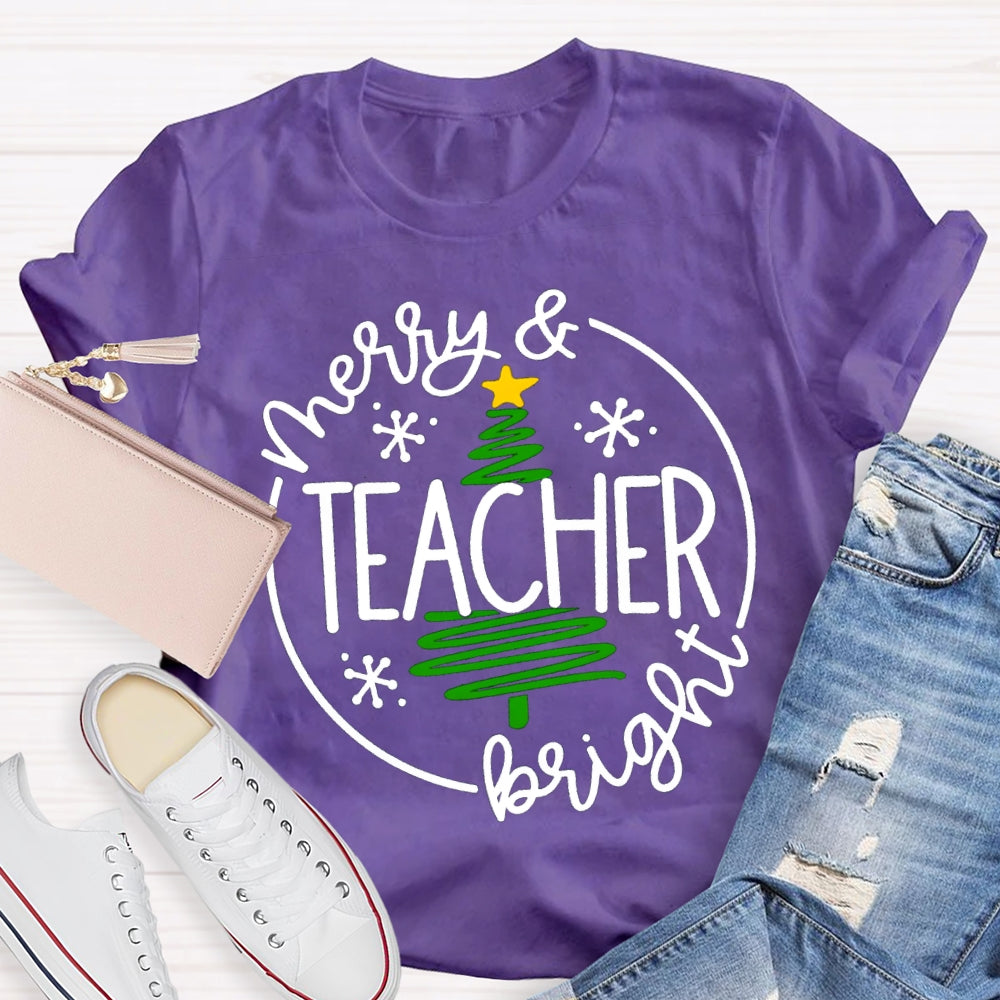 Merry And Teacher Bright Christmas Tree T-shirt
