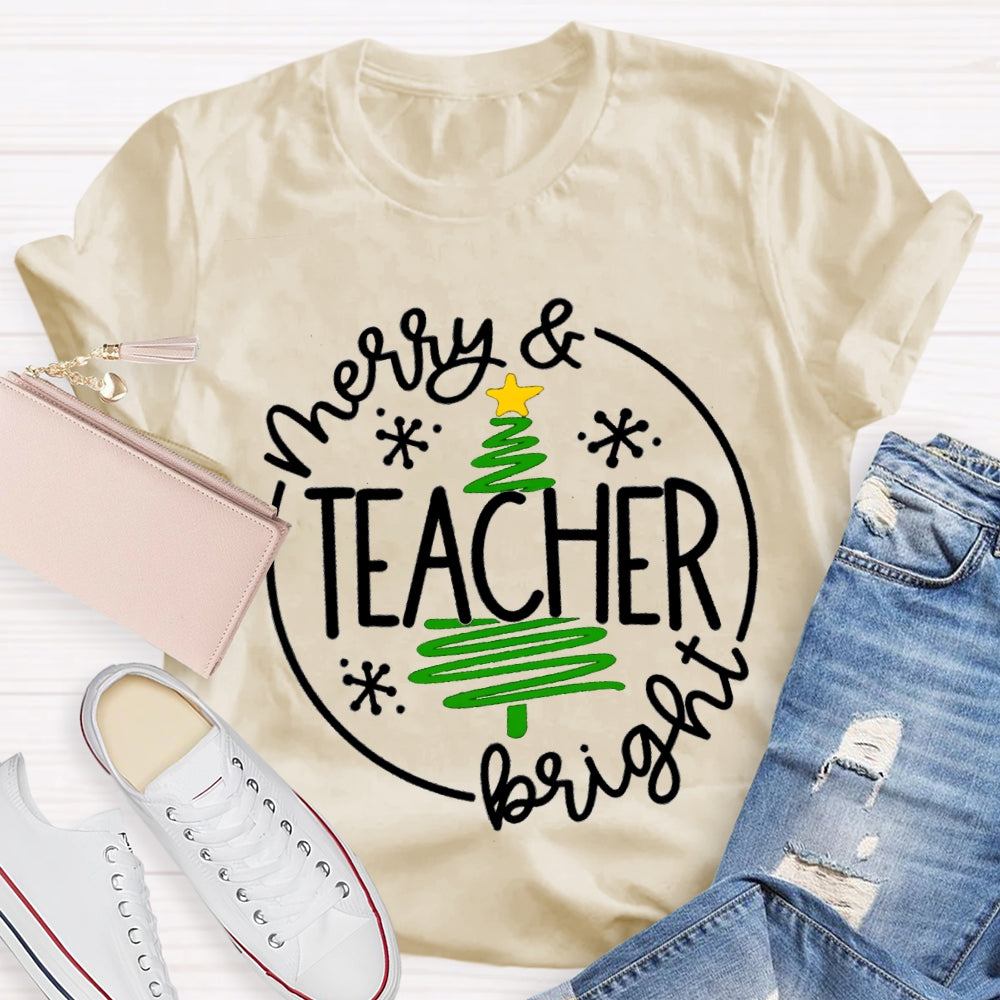 Merry And Teacher Bright Christmas Tree T-shirt