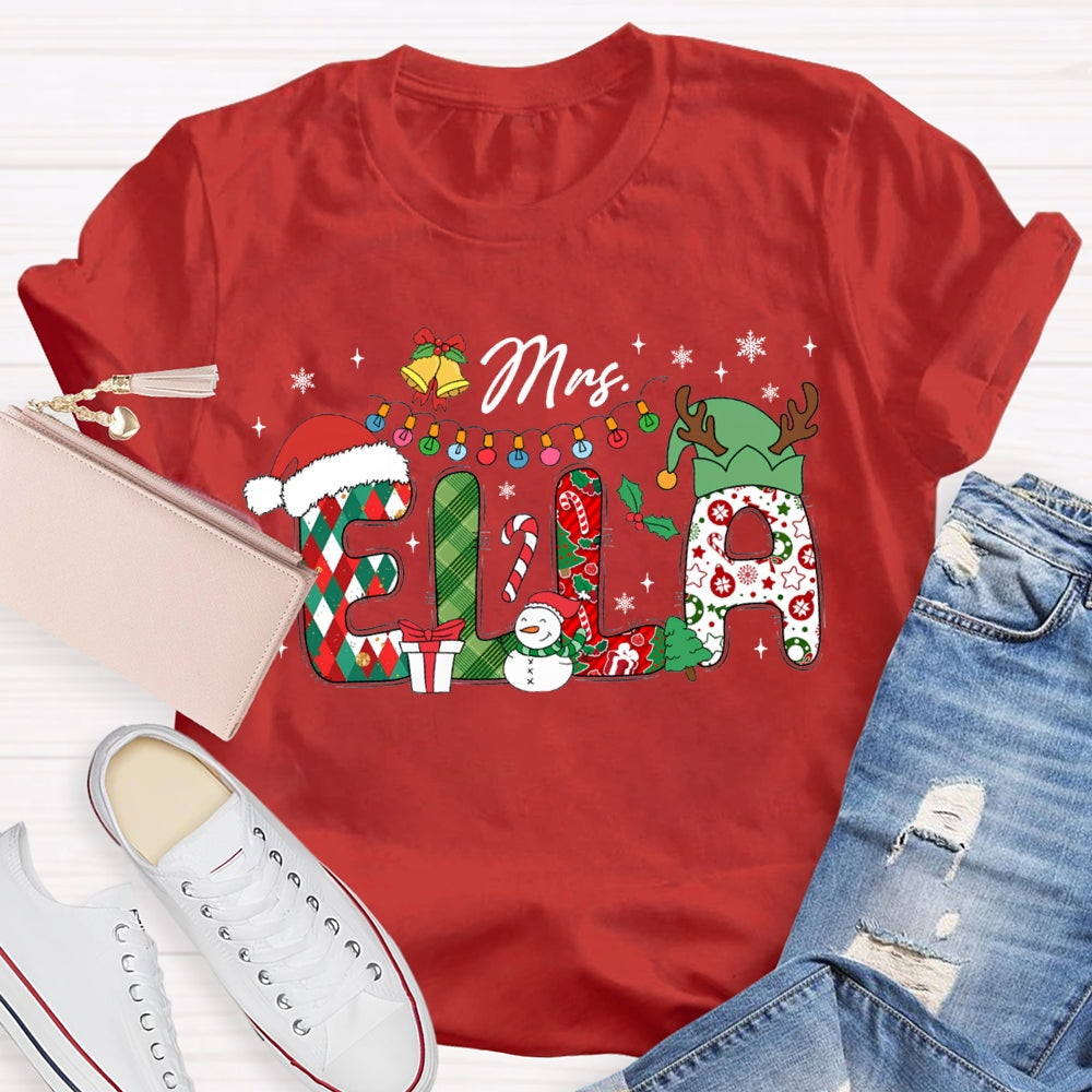 Personalized Name Teacher Santa Hat And Lights Christmas T-shirt