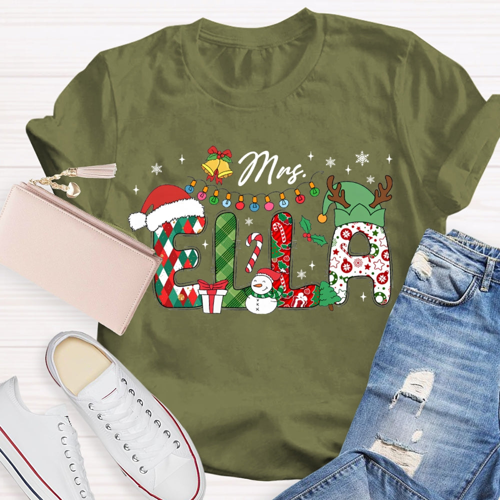 Personalized Name Teacher Santa Hat And Lights Christmas T-shirt