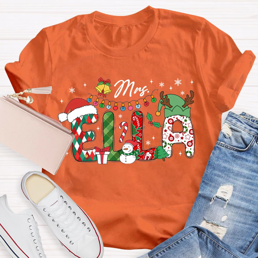 Personalized Name Teacher Santa Hat And Lights Christmas T-shirt