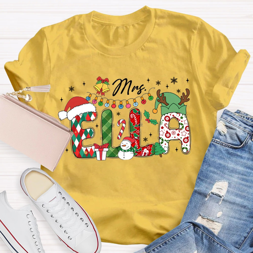 Personalized Name Teacher Santa Hat And Lights Christmas T-shirt
