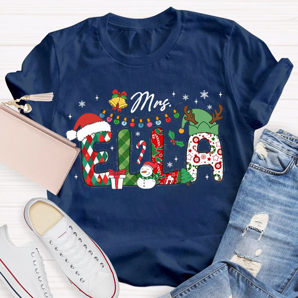 Personalized Name Teacher Santa Hat And Lights Christmas T-shirt