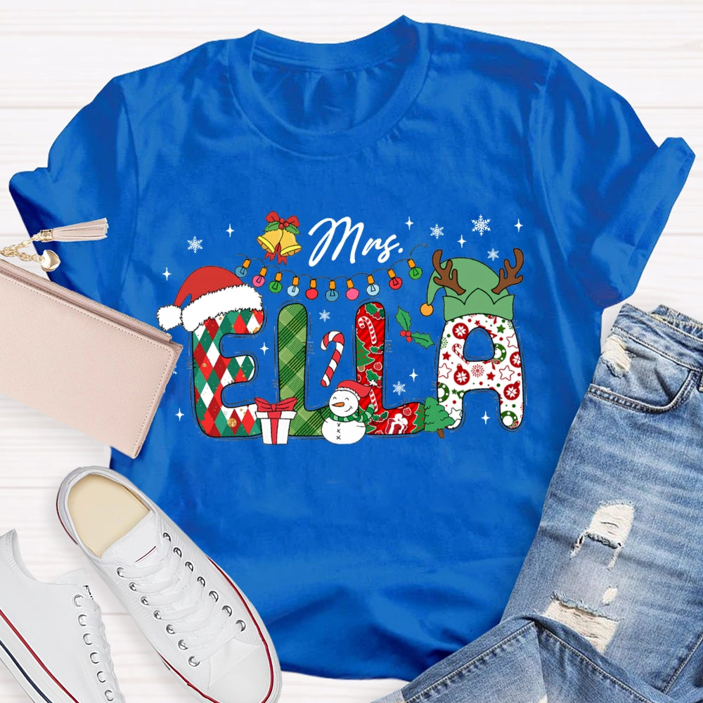 Personalized Name Teacher Santa Hat And Lights Christmas T-shirt