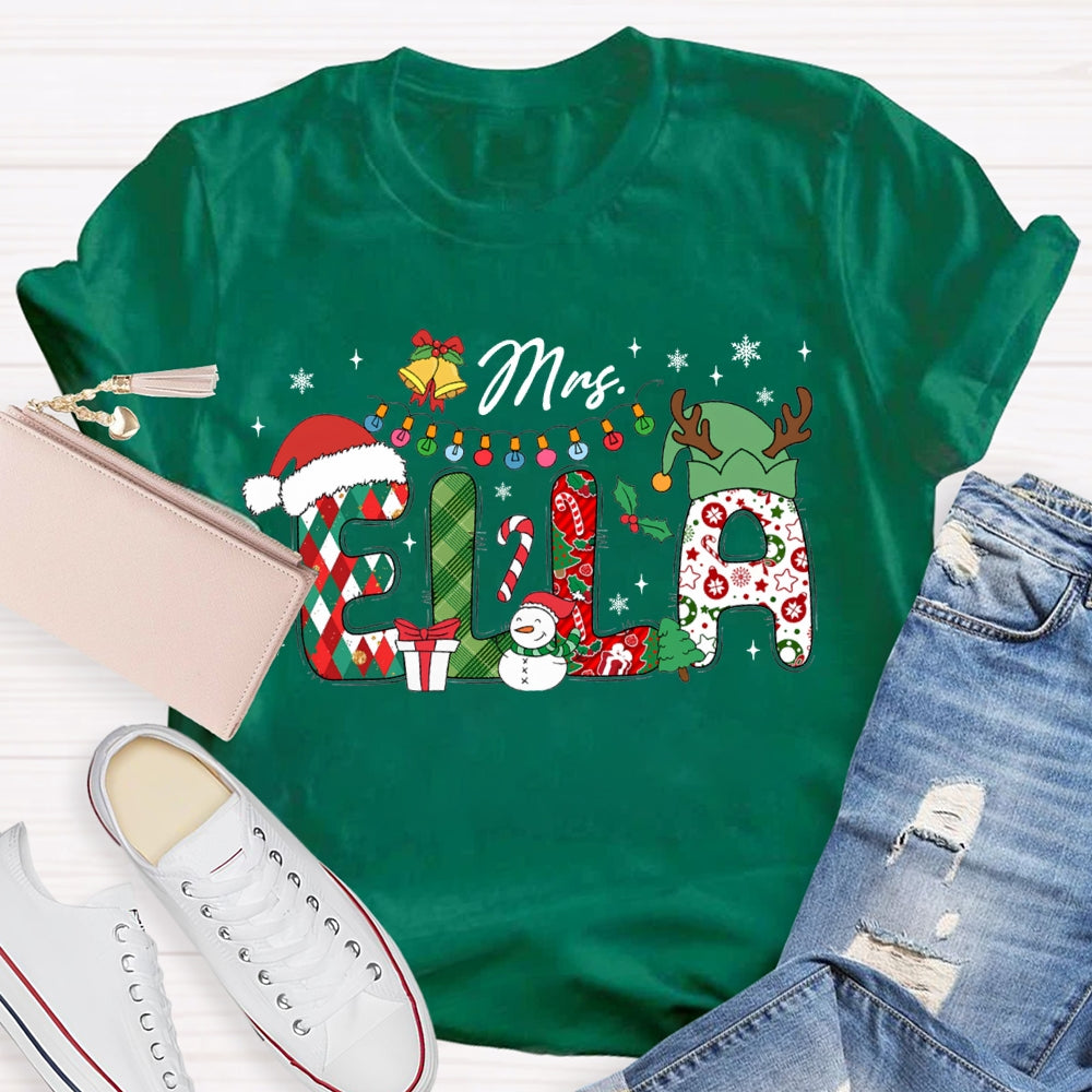 Personalized Name Teacher Santa Hat And Lights Christmas T-shirt