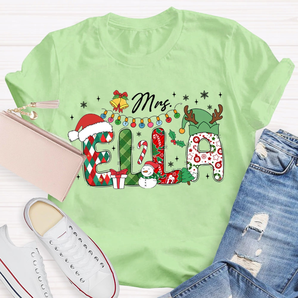Personalized Name Teacher Santa Hat And Lights Christmas T-shirt