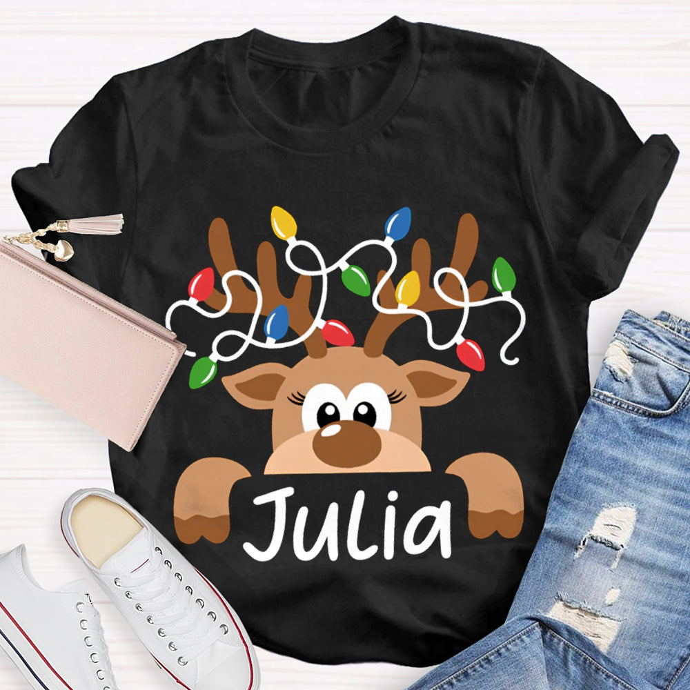 Personalized Name And Design Christmas Elk And Lights Christmas Teacher T-shirt