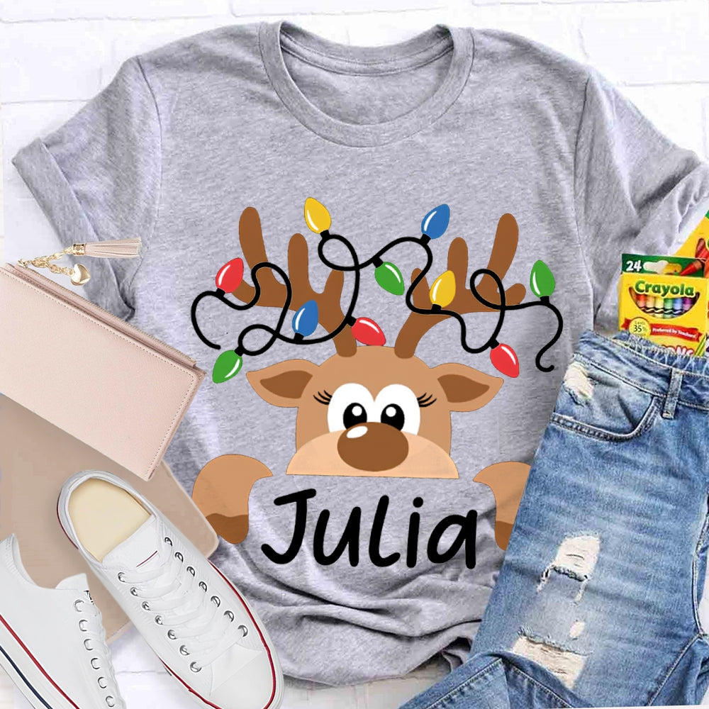 Personalized Name And Design Christmas Elk And Lights Christmas Teacher T-shirt