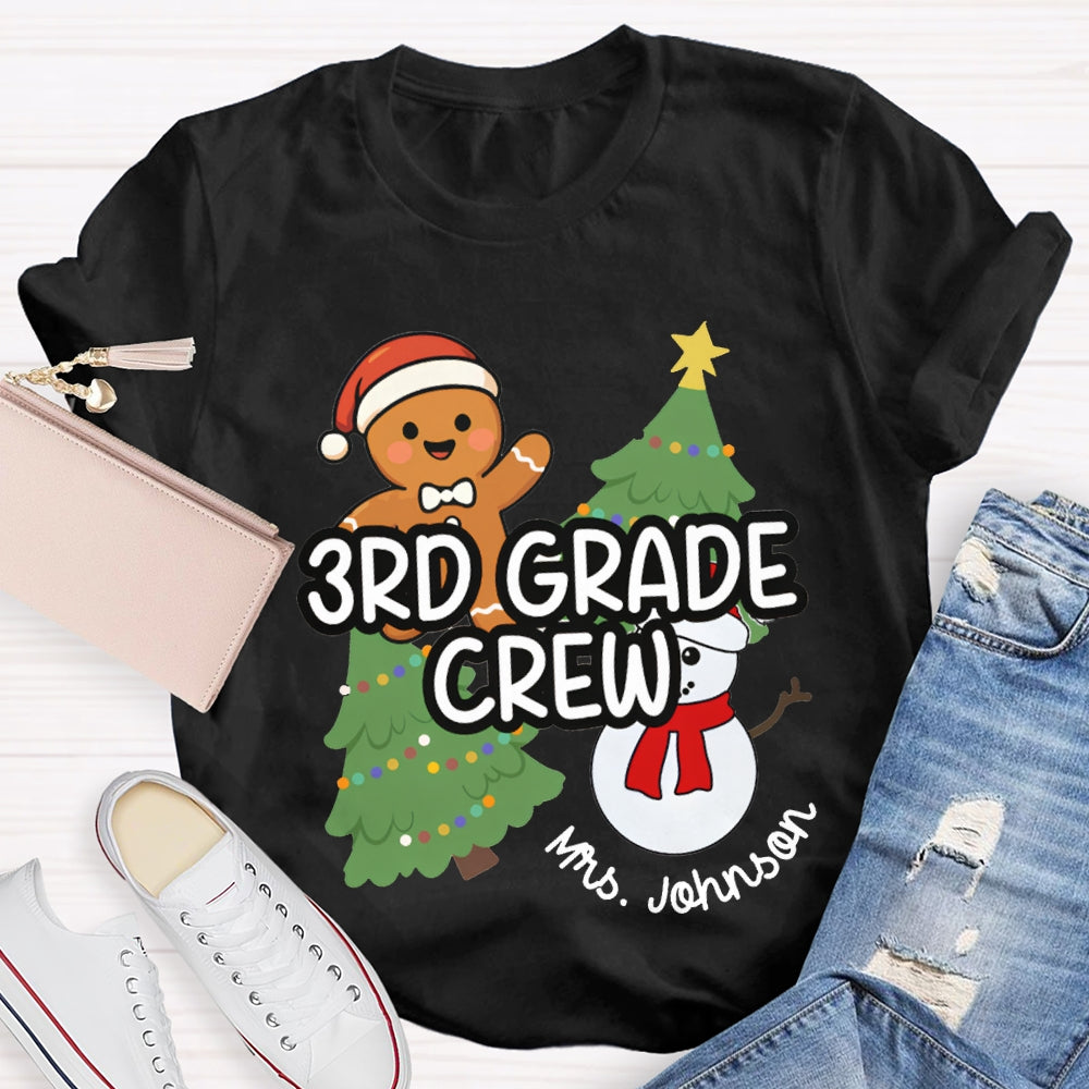 Personalized Name And Grade Third Grade Crew Christmas Tree And Snowman T-shirt