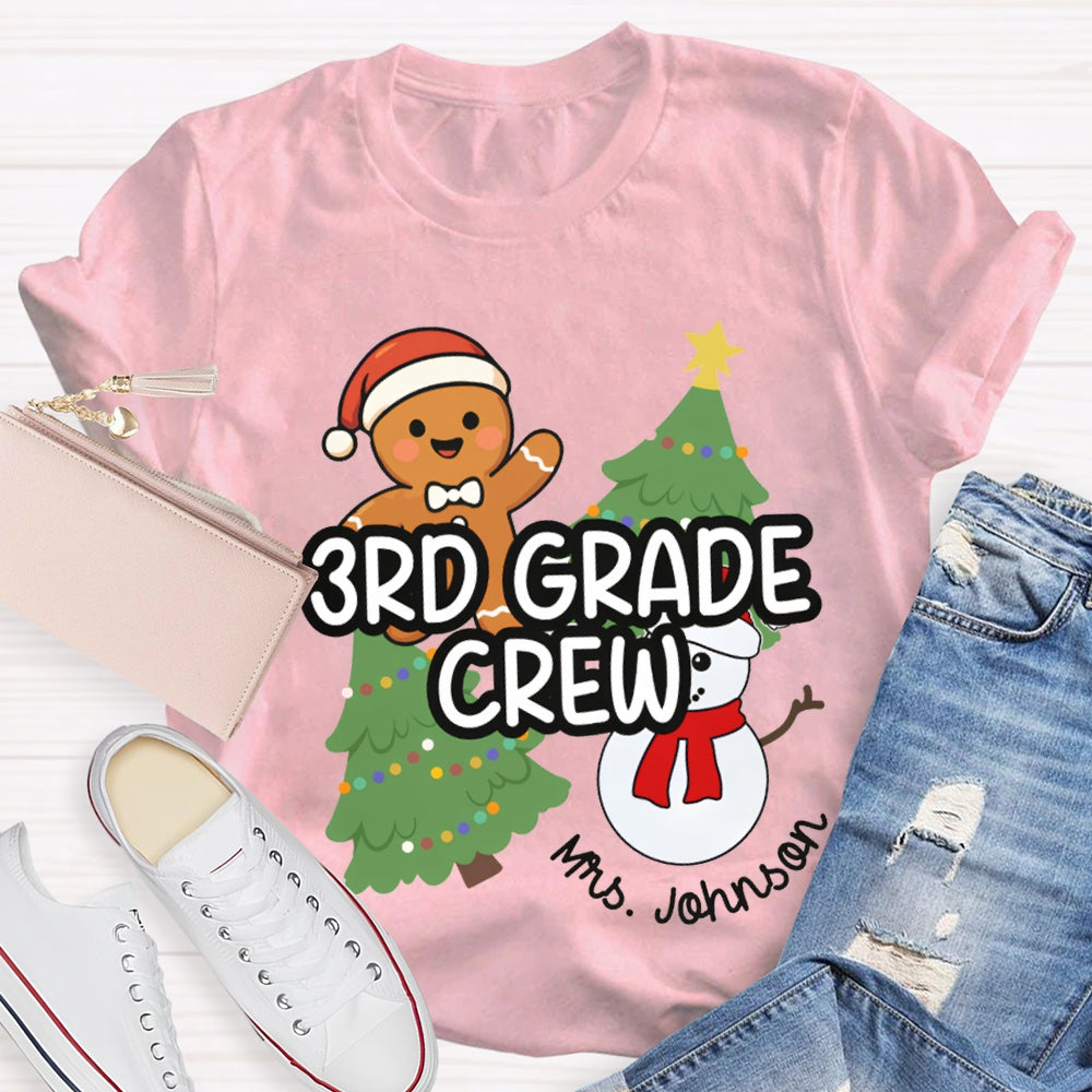 Personalized Name And Grade Third Grade Crew Christmas Tree And Snowman T-shirt