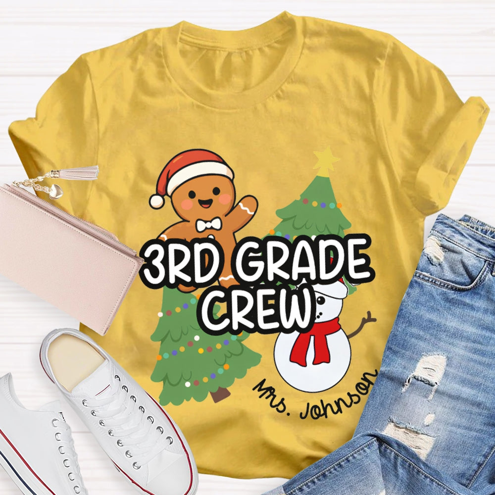 Personalized Name And Grade Third Grade Crew Christmas Tree And Snowman T-shirt