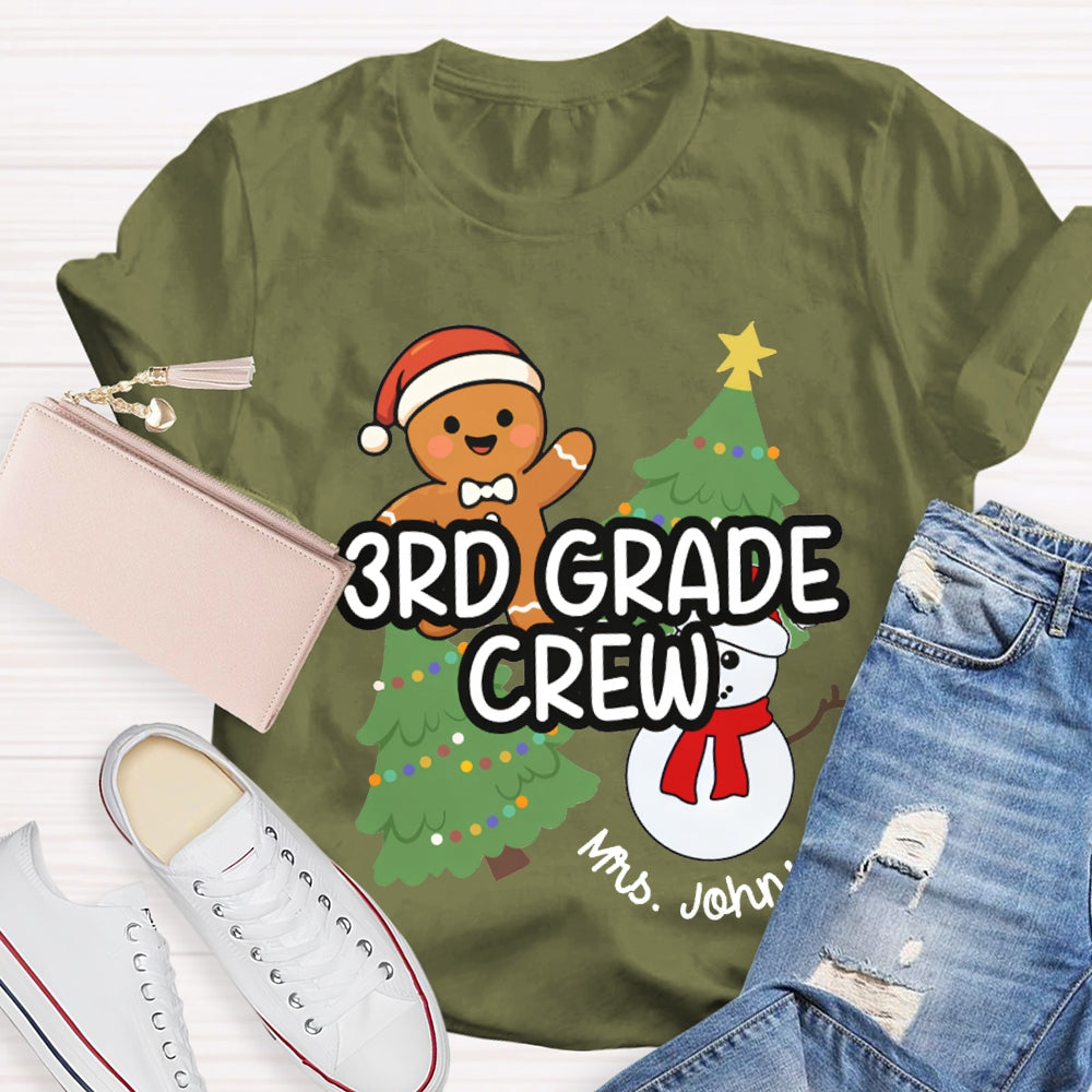 Personalized Name And Grade Third Grade Crew Christmas Tree And Snowman T-shirt