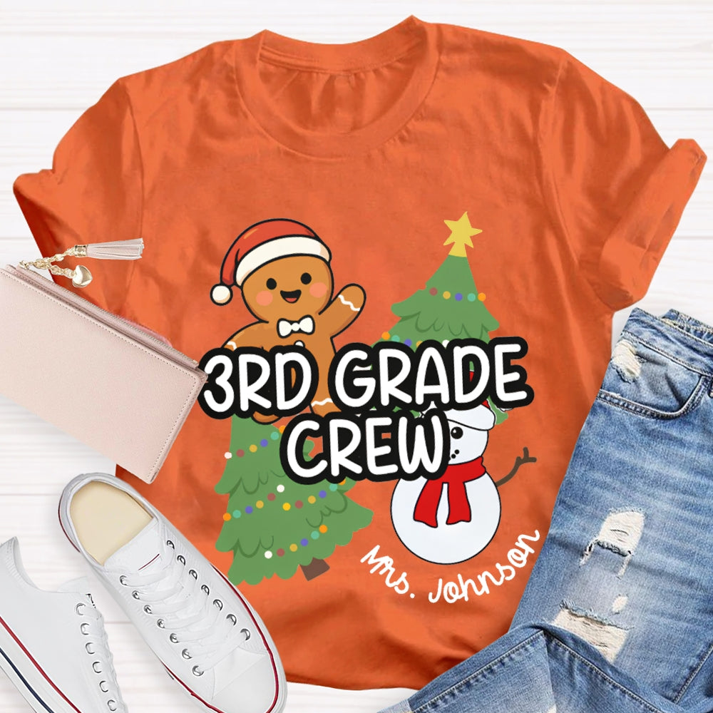 Personalized Name And Grade Third Grade Crew Christmas Tree And Snowman T-shirt