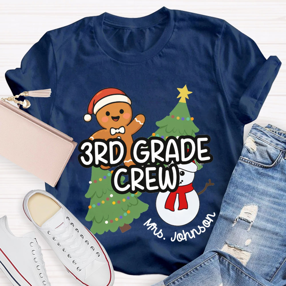 Personalized Name And Grade Third Grade Crew Christmas Tree And Snowman T-shirt