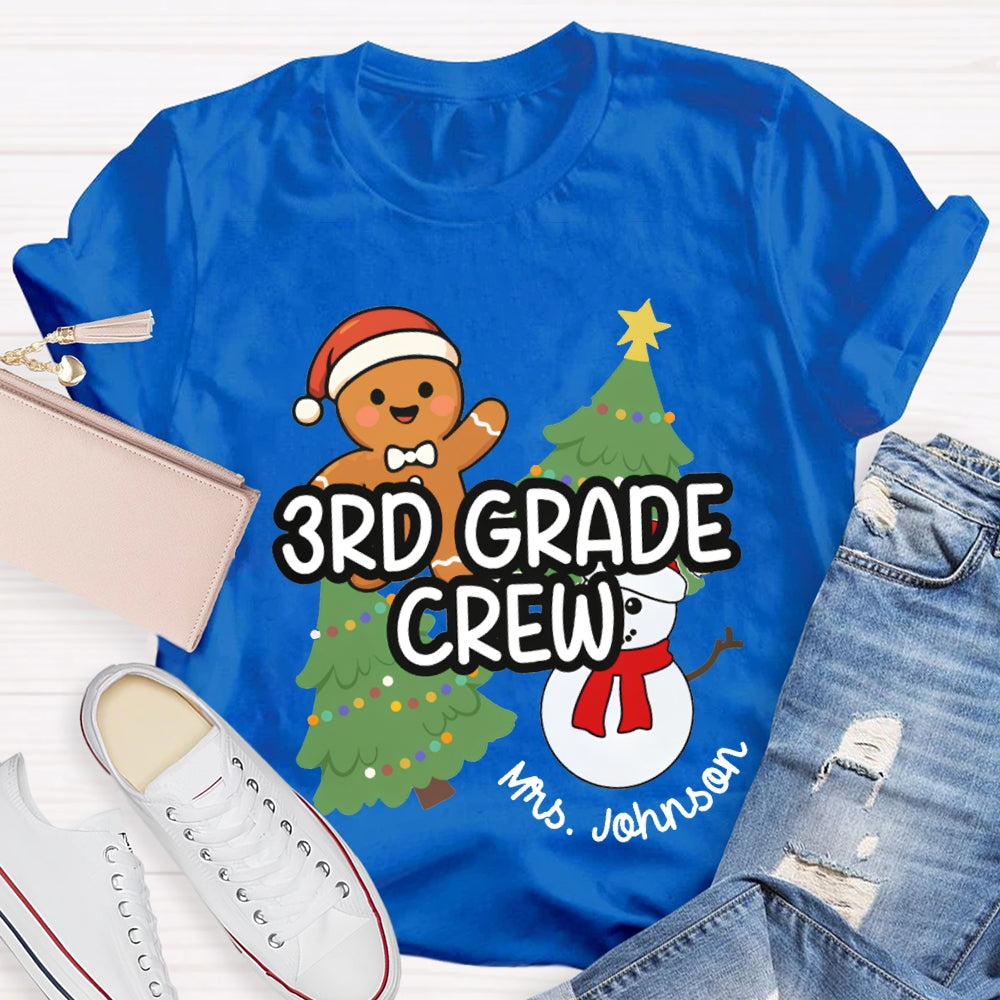 Personalized Name And Grade Third Grade Crew Christmas Tree And Snowman T-shirt