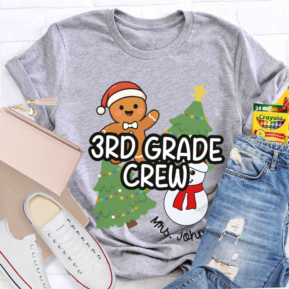 Personalized Name And Grade Third Grade Crew Christmas Tree And Snowman T-shirt