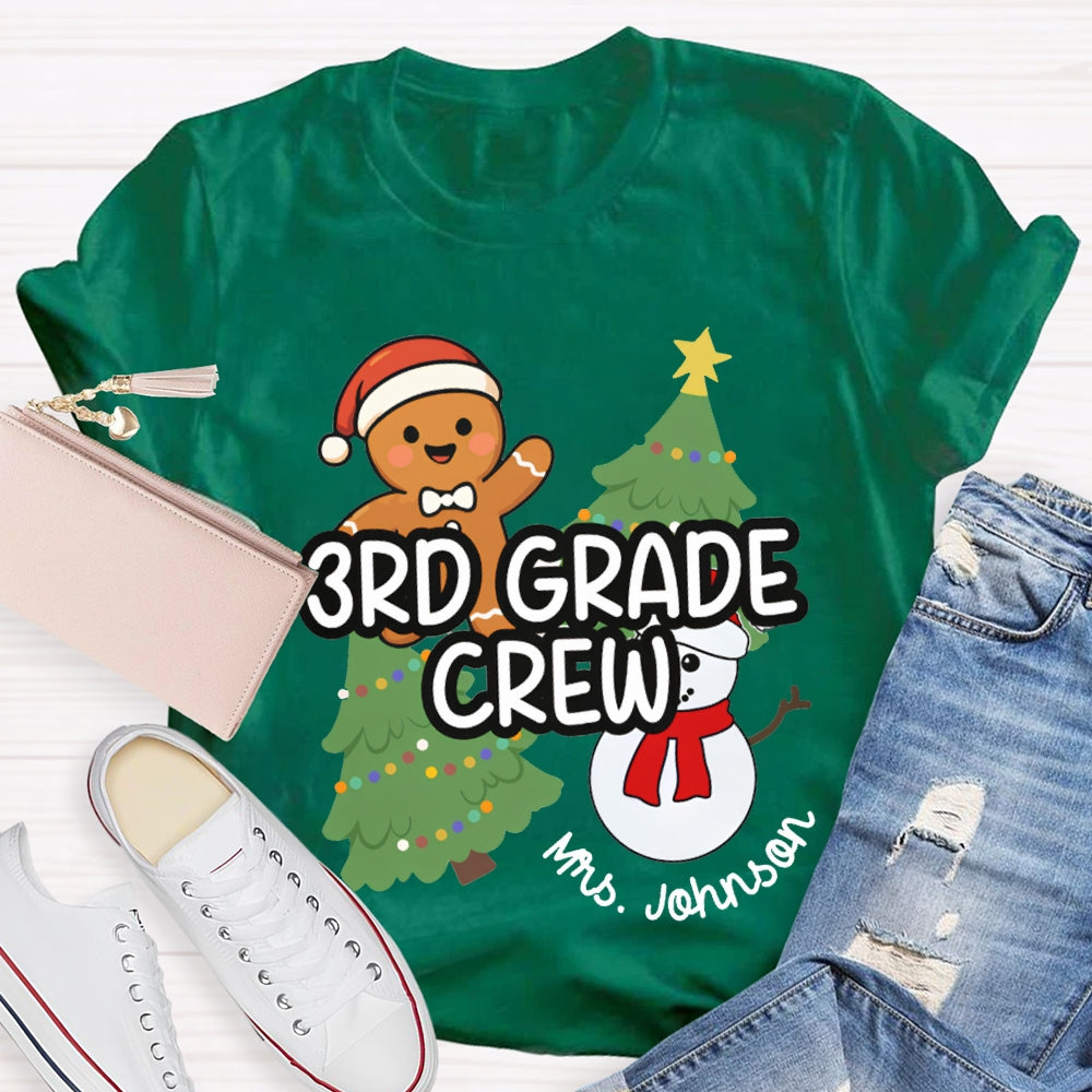Personalized Name And Grade Third Grade Crew Christmas Tree And Snowman T-shirt