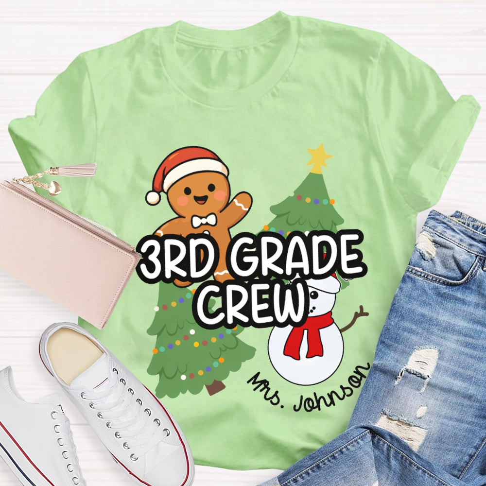 Personalized Name And Grade Third Grade Crew Christmas Tree And Snowman T-shirt