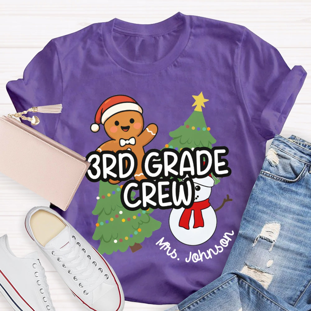 Personalized Name And Grade Third Grade Crew Christmas Tree And Snowman T-shirt