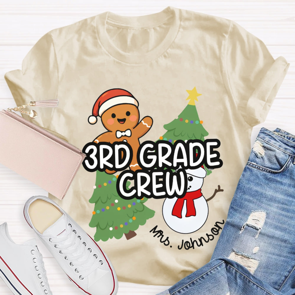 Personalized Name And Grade Third Grade Crew Christmas Tree And Snowman T-shirt