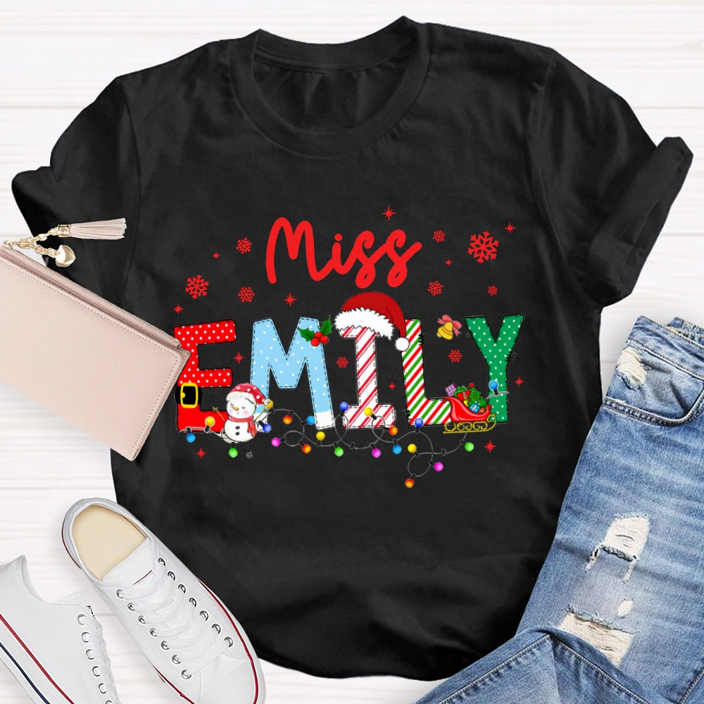 Personalized Name Christmas Lights And Snowflakes Christmas Teacher T-shirt