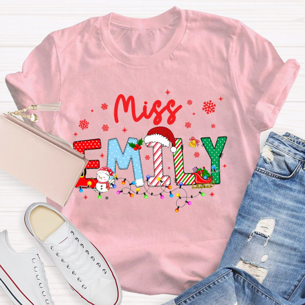Personalized Name Christmas Lights And Snowflakes Christmas Teacher T-shirt