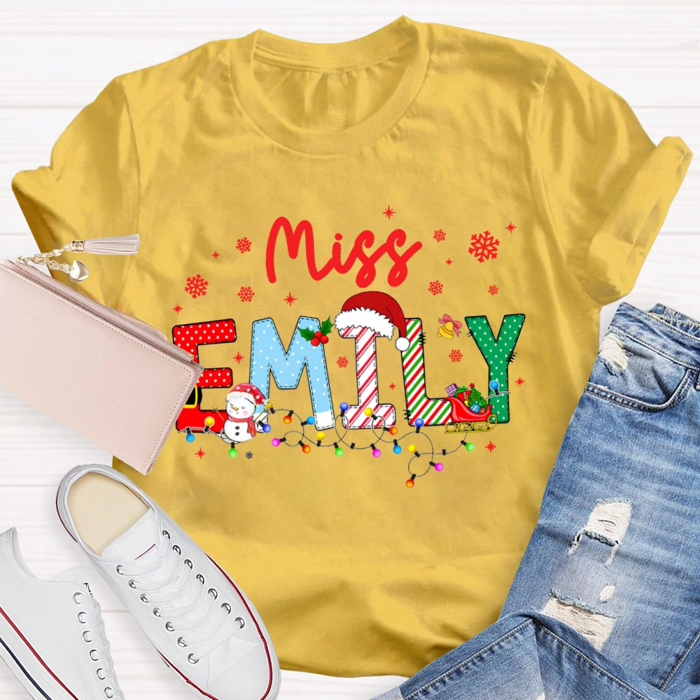 Personalized Name Christmas Lights And Snowflakes Christmas Teacher T-shirt